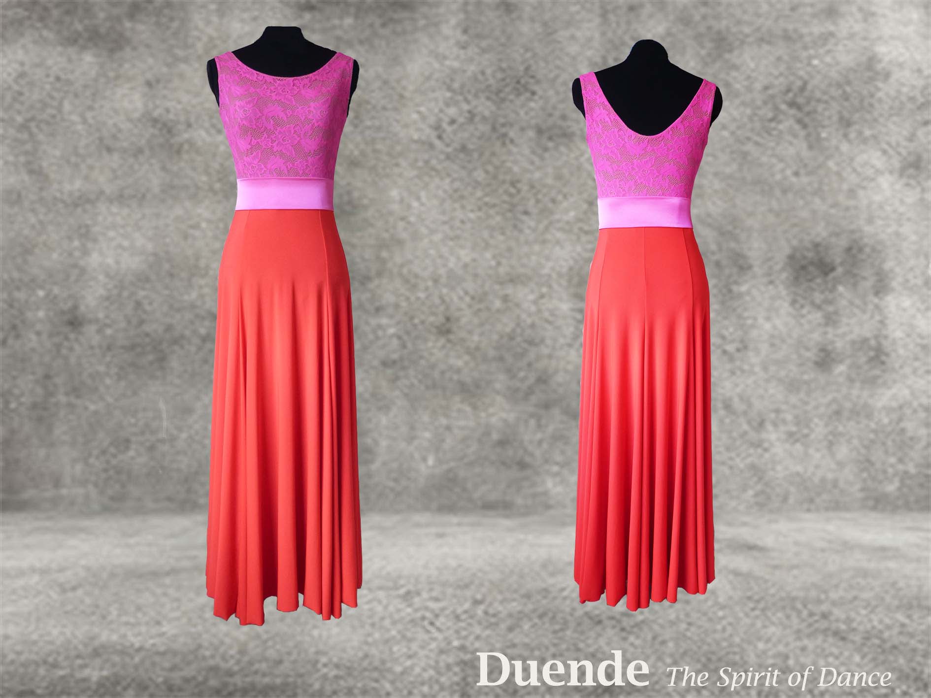 Prom dress with built in leotard.  Fuschia stretch lace and Neon Red crepe.